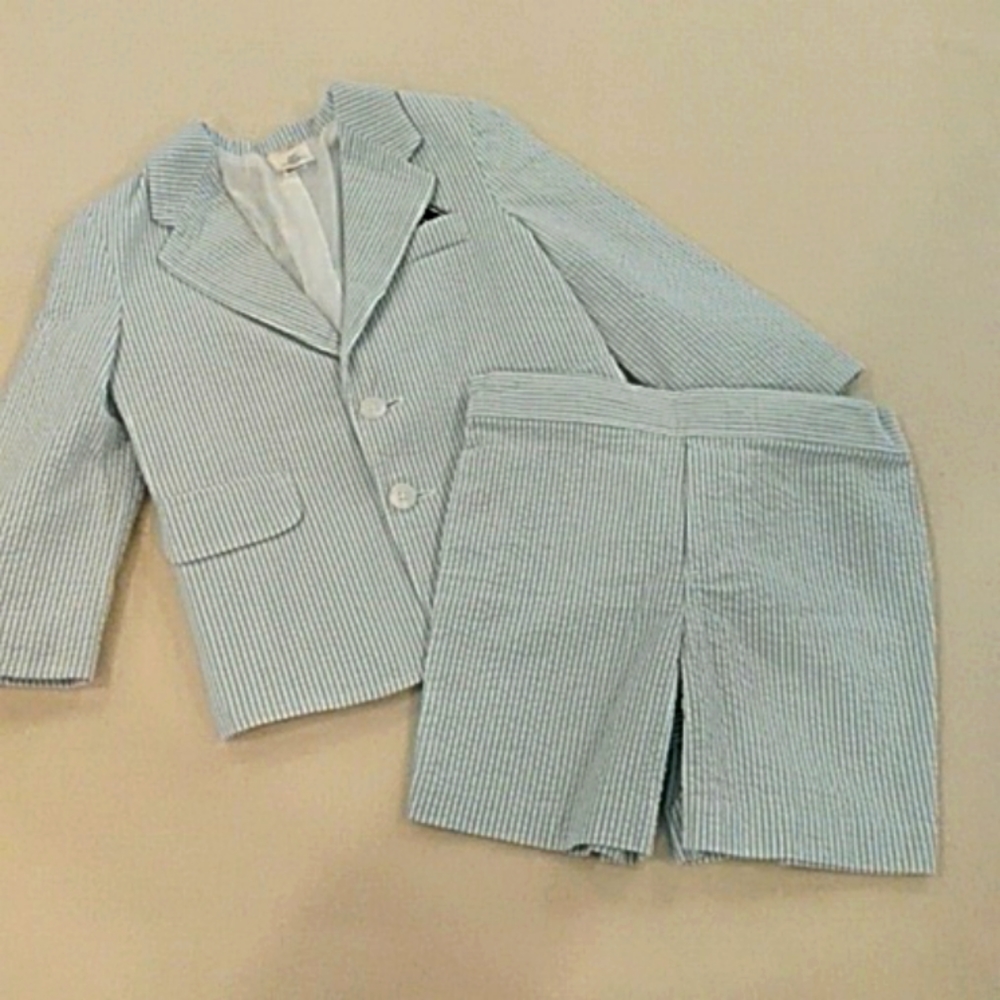 Blue and White Searsucker Starting Out Blazer and Short Set